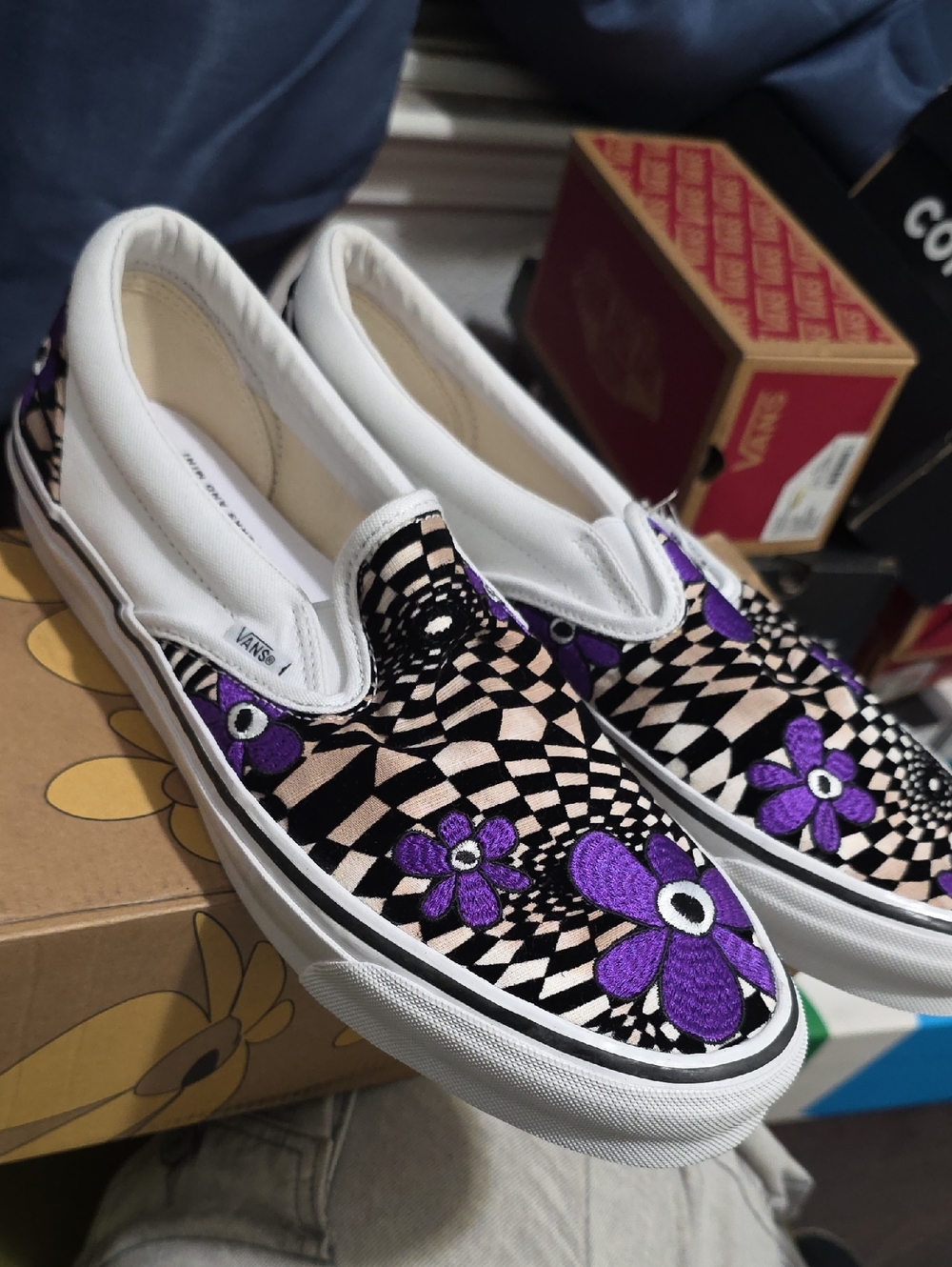 Vans Slip-On Checker Floral Sneakers in Purple, Black & Cream